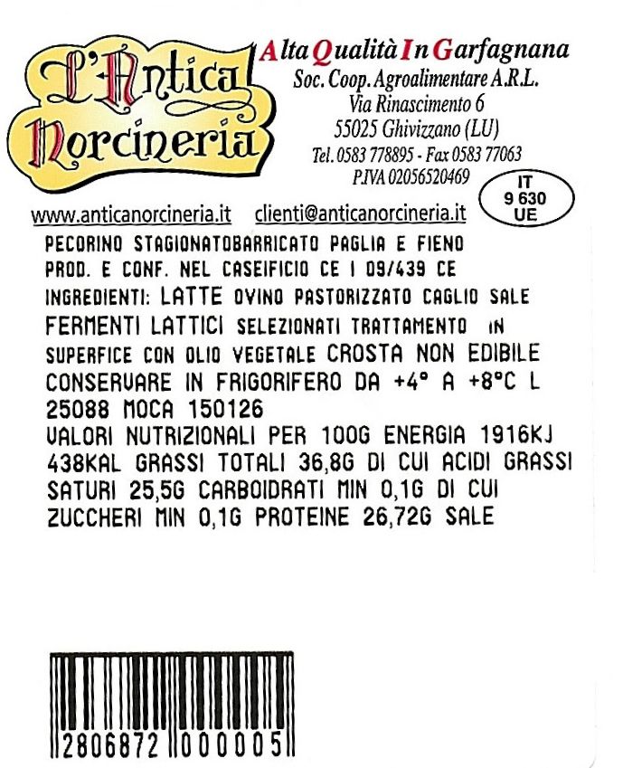 Pecorino stag. grotta paglia e fieno ¼forma gr.700 - immagine 2